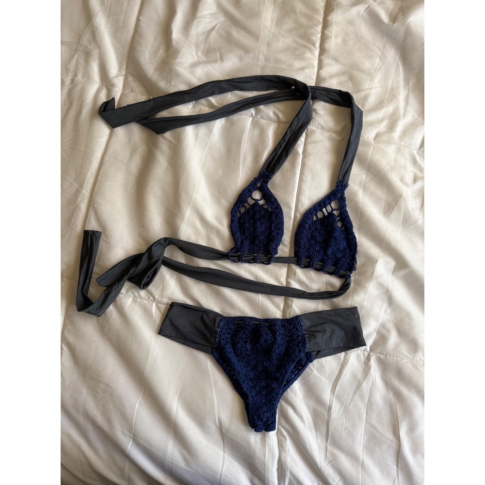 Indah‎ Navy Blue Crochet & Spandex Bikini Set Size M